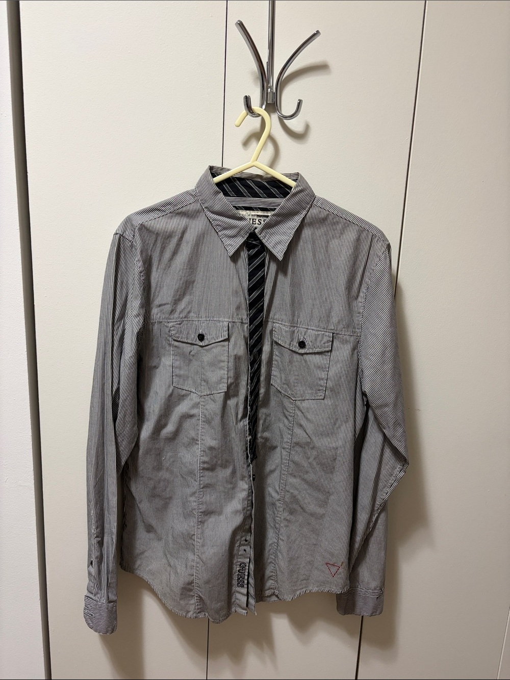 Guess Men's Gray Striped Lightweight Shirt Jacket